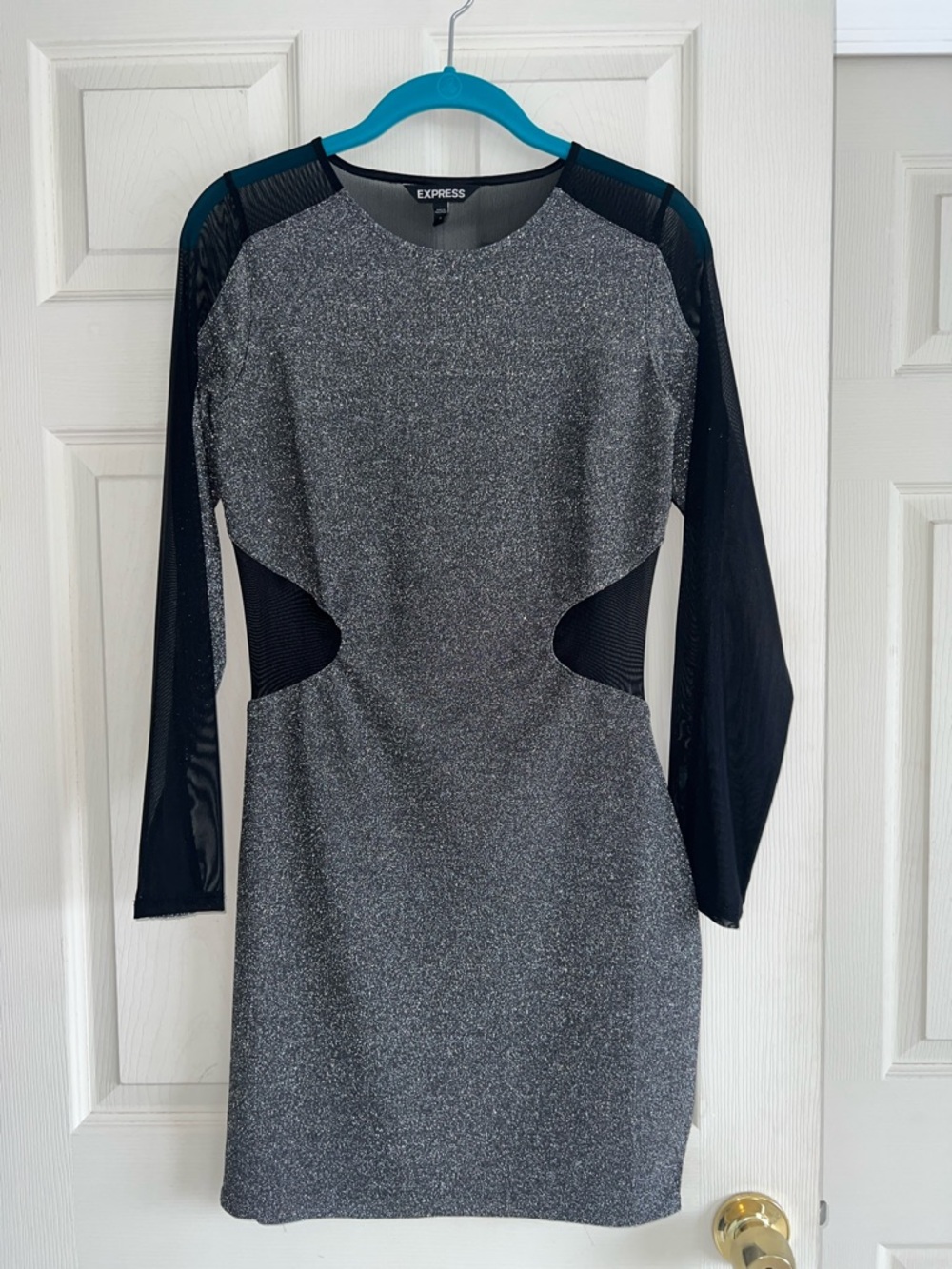 Express Black & Silver Long-Sleeve Mesh Cutout Bodycon Dress